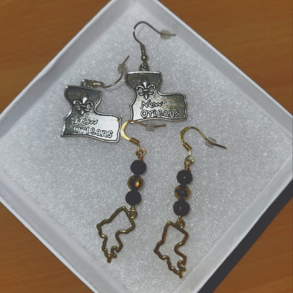 2 Festive Mardi Gras Louisiana Silver and Gold Earrings